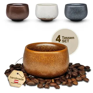 OndaCore Espressotassen SET 4x80ml, Dickwandig Tassen aus Steingut, Handgefertigte bunte Kaffeetassen, Keramik Teetassen ohne Henkel, spülmaschinenfest, Espressobecher, Mokkatassen