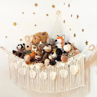 ANROYE Makramee-Stofftier-Netz-Hängematte mit Sternlicht, kleine Plüschtiere, große Eck-Wandbehang-Organizer für Kinder, böhmische gewebte Dekor-Display-Halter für Mädchen und Jungen