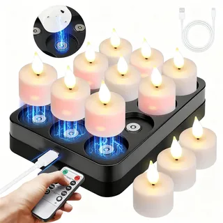 Besight LED Teelichter Wiederaufladbar mit Magnetischer Ladestation, 12er Set Flackernde LED Kerzen mit Timer & 2 Fernbedienungen, Ideal für Weihnachten Halloween Tisch Party Wohnzimmer Zimmer Deko