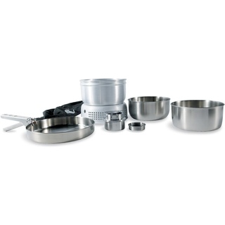 Tatonka Multi Set + Alcohol Burner (8-teilig) - Camping-Kochgeschirr aus Edelstahl mit Spirituskocher - (Pfanne, 2 Töpfe, Klemmgriff, Windschutz, Kochgestell und Kocher)