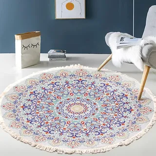 Vintage Boho Baumwolle Teppiche Mandala Muster Waschbar Handgewebte Böhmische Runder Teppich mit Quasten für Schlafzimmer Flur Wohnzimmer Couchtisch Fußmatten,Waschmaschinenfest,80CM Blumen #5