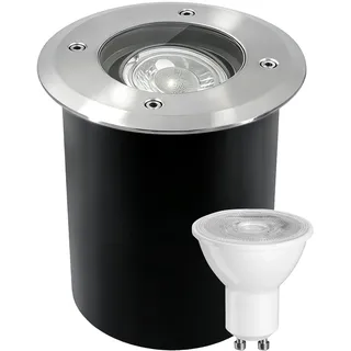 JNR Edelstahl Bodenstrahler Außen IP67 Wasserdicht 230V, Silber | Schwenkbar LED Licht, Bodeneinbaustrahler Aussen mit 5W GU10 3000K Glühbirne, Bodenleuchten Gartenbeleuchtung mit Strom
