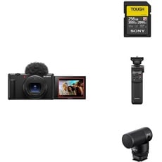 Sony ZV-1II Vlog-Kamera | Digitalkamera (Weitwinkel-Zoomobjektiv, verstellbares Display für Vlogging, 4K Video) + Bluetooth Handgriff & Mikrofon & SD-Karte