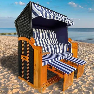 Strandkorb Ostsee 3-Sitzer XL für 2-3 Personen | 155cm breit | 2 Designs | Tragkraft bis zu 500kg | verstellbare Rückenlehne | Blau/Weiß gestreift