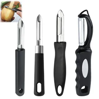 Katyjun 4er Set Sparschäler mit Rutschfestem Griff für Ermüdungsfreies Arbeiten Wmf Sparschäler Kartoffelschäler für Küche & Camping - Gemüseschäler aus Edelstahl in Schwarz
