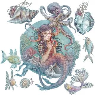 Wallfluent Wandaufkleber 60x67cm - Unterwasser-Meerjungfrauen , Multicolor , Kunststoff , Rechteckig , 60x67x0.1 cm , Tapeten & Wandverkleidungen, Wandtattoos & Sticker, Wandtattoos