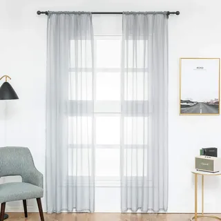 WOLTU Vorhänge mit Kräuselband Stores Gardinen kurz transparent, 2er Set Gardinen Fensterschals Voile für Wohnzimmer Schlafzimmer Kinderzimmer, Grau, 140x245cm (BxH)