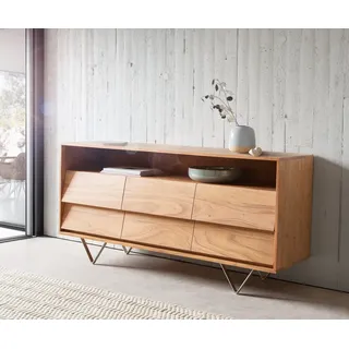 Sideboard Eloi 145x40 cm Akazie Natur 6 Schubladen V-Fuß Edelstahl