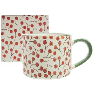 Tranquillo Set 2-teilig - Keramik-Tasse & Untersetzer VINTAGE GARDEN Red für Kaffee, Tee, Kakao, Cappuccino Kaffeebecher aus Steingut - 400 ml, Untersetzer - 10x10x0,5 cm.
