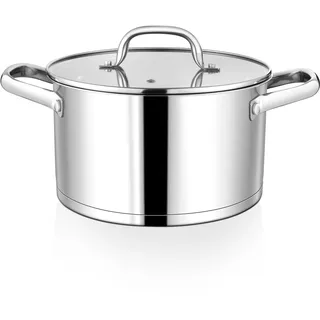 Homikit 24cm Kochtopf, 5,7L Groß Edeastahl Topf Nudeltopf Induktion mit 3-Lagen Böden für alle Herdearten Geeignet, Suppentopf Fleischtopf mit Glasdeckel, Unbeschichtet & Spülmaschinenfest