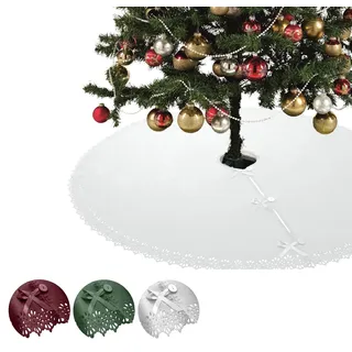 wometo Weihnachtsbaumdecke Ø120 cm weiß Oeko-TEX mit Satinbändern & Knöpfen | Christbaumdecke / Baumunterlage aus Fleece - Landhaus-Muster, gestanzter Rand