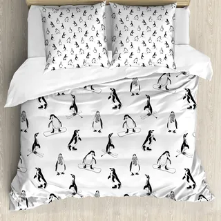 ABAKUHAUS Pinguin Bettbezug, Skifahren Penguins in Schale, Milbensicher Allergiker geeignet mit Kissenbezügen, 155 cm x 220 cm - 80 x 80 cm, Weiß schwarz - Weiß, Schwarz