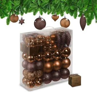 Relaxdays Weihnachtskugeln 110er Set, Kunststoff, Weihnachtsbaumdeko mit Kugeln & Lametta, Christbaumschmuck, braun