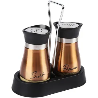Salz und Pfefferstreuer Set, Salz und Pfeffer Set mit Halter, 2er Set Edelstahl und Glasflasche Salzstreuer Kellerspender für Küche, Kochen, Camping (Gold)