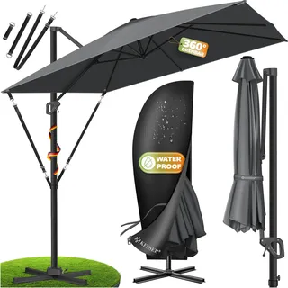 KESSER® Sonnenschirm Ampelschirm SUN XL 300 x 300 cm Inkl. Abdeckung +Windsicherung Drehbar Neigbar Kippbar Marktschirm Groß 360° Rotation, Gartenschirm mit Kurbel Sonnenschutz UV50+ - Grau