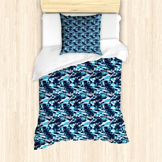 ABAKUHAUS Palme Mantele, Geometric Blue Shades, Milbensicher Allergiker geeignet mit Kissenbezügen, 135 cm x 200 cm - 80 x 80 cm, Blau Dunkelblau Weiß - Blau