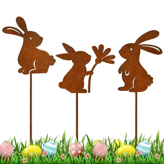 shallyong 3 Stück Osterdeko für Draußen, Oster Hase Gartenstecker Deko Rost, Metall Osterhasen als Rostige Gartendeko, Hasen Deko Frühling, Perfekte Deko für Garten oder Haustür
