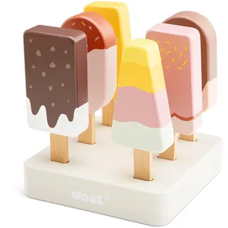 Woet – Holzspielzeug Eisstand für Kleinkinder – Spiellebensmittel Set mit Holzständer und 6 EIS am Stiel – Kaufladen Zubehör und Küchenspielzeug – Ab 2 Jahren – Geschenk für Kinder
