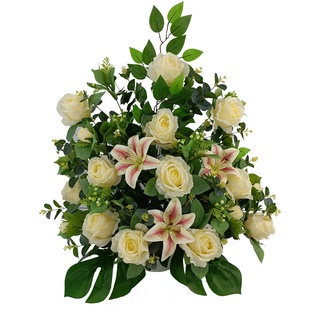 DRW Kunstblumenzentrum mit realistischen Rosen, gebrochenes Weiß und Rosa, für Friedhof, Kirchen, Hochzeiten, Blumenzentrum für Heilige mit Rosen, Lilien und Eukalyptus 80 x 70 x 40 cm