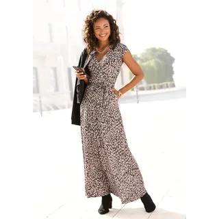 Maxikleid BUFFALO "in Wickeloptik mit Alloverdruck", Damen, Gr. 36, N-Gr, schwarz (schwarz, taupe bedruckt), Jersey, Obermaterial: 100% Viskose, bedruckt, figurumspielend lang, V-Ausschnitt, Kleider Maxikleid, Jerseykleid, Sommerkleid mit Taschen, Strandkleid, Viskosekkleid, Topseller