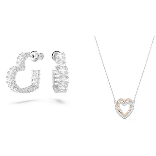 Swarovski Matrix Kreolen, Rhodinierte Ohrringe mit Herz-Motiv und Strahlenden Swarovski Kristallen & Infinity Halskette, Herz, Weiss, Metallmix