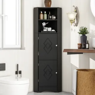 Merax Badezimmerschrank mit verstellbarem Einlegeboden,Eckschrank mit Ablagefächern und offenen Fächern,Badkommode Hochschrank 36.5x155x36.5cm,Schwarz - Schwarz