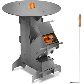 Jaxguom Raketenofen mit Grillplatte und Feuerhaken, Rocket Stove Outdoor, Stecksystem, 3 mm dickem Stahl, Holzofen Campingofen Pelletofen für Dutch Oven BBQ