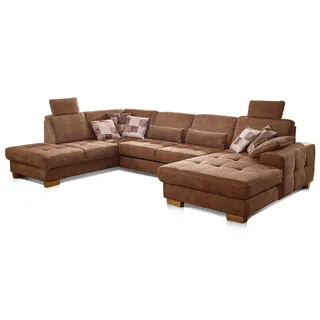 CAVADORE Wohnlandschaft Puccino mit Federkern, Schlaffunktion, verstellbarer Rückenlehne und 2 Kopfstützen / Sofalandschaft in U-Form im Landhaus-Design / 340 x 86 x 224 cm / Mikrofaser hellbraun