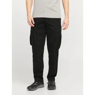 Cargohose JACK & JONES "JPSTKANE JJJONNIE CARGO", Herren, Gr. 28, Länge 30, schwarz, Web, Obermaterial: 98% Baumwolle, 2% Elasthan, unifarben, loose fit knöchellang, Hosen Cargohose