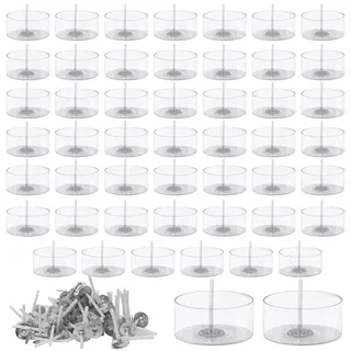 yotutun 50 Stück Leere Kerzen Gläser aus Kunststoff Candles, Klarem Kerzengläser DIY Kerzen Selber Machen Set Transparente Teelichthüllen Leer für Hochzeiten Valentinstag (Runde, 50 Dochte)