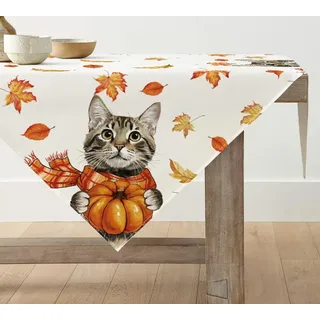 Artoid Mode Katze Ahornblätter Schal Kürbis Herbst Tischdecke, Saisonnal Tischwäsche Küche Tisch Dekoration Drinnen Urlaub Party Dekor 85x85 cm