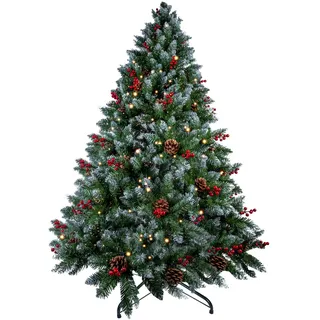 himaly Weihnachtsbaum künstlich 150 cm mit Schnee und 12m Lichterkette 240LEDs, Material PVC/PE, 450 Spitzen Christbaum mit 39 echten Tannenzapfen und 39 roten Früchten für Innen- und Außendekoration