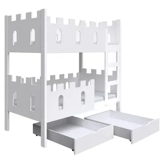 Masseno Etagenbett AVALON 75x180 cm mit Schublade, Rausfallschutz, Kinderbett mit Leiter für Mädchen und Jungs, Stockbett, Weiß - Weiß