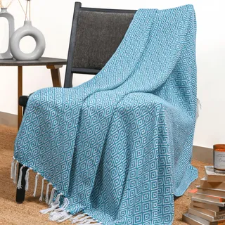 Karibisches Meeresblau-Überwurfdecke mit Boho-Quaste 127 x 152 cm, superweich Baumwolle, warm, dekorativer Bauernhaus-Überwurf für Sofa, Stühle und Couch