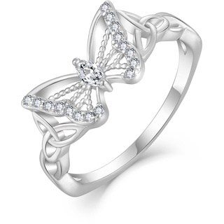 FJ Schmetterling Ring Damen 925 Sterling Silber Keltischer Knoten Ring mit Zirkonia Schmetterling Schmuck Geschenke für Frauen (Größe 60)