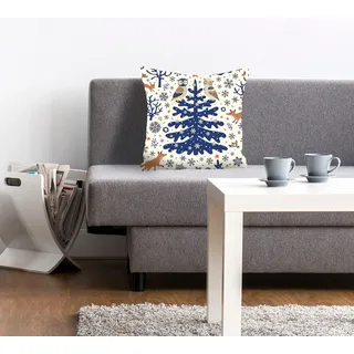 queence Dekokissen "Klaas" mit einem blauen Tannenbaum im Schnee, blau, bedruckt