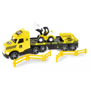 Wader 36431 - Magic Truck Tieflader mit Bagger, Absperrgittern und leuchtenden Scheinwerfern, Größe ca. 79 cm, für Kinder ab 3 Jahren, geeignet als Geschenk für kreatives Spielen