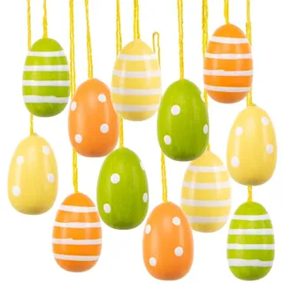 Logbuch-Verlag kleine Ostereier zum Aufhängen, 12er Set: Osteranhänger aus Holz im Retro Look, Osterdeko mit Schnur, Anhänger für Osterstrauch & Fenster, Bunte Farben mit Punkten & Streifen, 3 cm