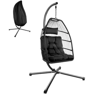tectake Hängesessel Ariane mit Gestell und Kissen, Belastbarkeit 160kg, inklusive Schutzhülle, höhenverstellbar, schwarz , Schwarz , Textil , Abstrakt , 98x202x107 cm , Gartenmöbel, Gartenschaukeln, Hängesessel