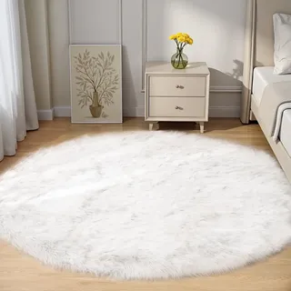 Goolela Runder Teppich Weiß 180 cm Wohnzimmer, Großer Flauschiger Hochflor Teppich aus Kunstfell
