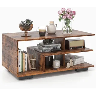 Fantask Couchtisch mit offenen Ablagen, Sofatisch Holz mit L-förmiger Mittelablage, 3-stufiger geometrischer Wohnzimmertisch für Wohnzimmer, Empfangsraum, 90 x 50 x 42 cm (Rustikales Braun)