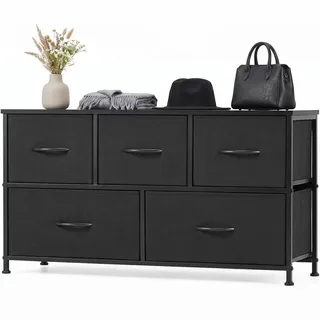 DUMOS Kommode mit Schubladen - Kommoden & Sideboards für Schlafzimmer Geeignet, Komodenschrank mit 5 Schubladen, Stoffkommode mit Stahlrahmen, Schrank Klein, Ideal für Flur, Wohnzimmer (Schwarz)