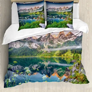 ABAKUHAUS Natur Bettbezug, Österreichische Alpen Berg, Milbensicher Allergiker geeignet mit Kissenbezügen, 155 cm x 220 cm - 80 x 80 cm, Grün blau - Grün, Blau