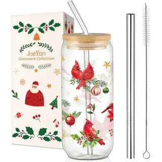 Joeyan 600ml Weihnachtsgläser,Trinkgläser Weihnachten mit Deckel und Strohhalm,Weihnachtsbecher mit Roten Kardinälen Vögel für Matcha EiskaffeeSmoothie,Weihnachtsgeschenke für Frauen Mama Freund
