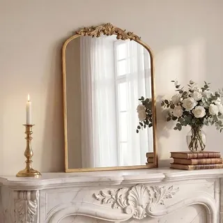 Gold Vintage Spiegel, 76 x 48 cm gewölbter antiker Barockspiegel für Wand, Messing Traditionelle kunstvolle Wanddekoration für Badezimmer Wohnzimmer Kamin Eingang Flur (76 x 48 cm) - Gold