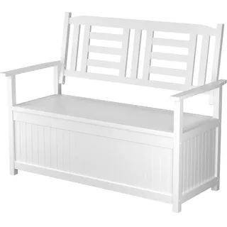 FANTASK Truhenbank Holz, 123 x 68,5 x 96 cm, 2-Sitzer Gartenbank mit integrierter Kissenbox, wetterfeste Sitzbank, Balkonbank für Garten, Balkon, Terrasse (Weiß)