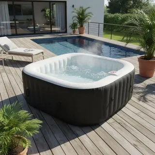 SUNSPA Aufblasbarer eckiger Whirlpool für 6 Personen, 130 Micro-Jets, bis 40°C, 12V Filterpumpe, 800 L, inkl. Filter, Bodenmatte & Clip-Abdeckung (AC02) - Schwarz, Weiß