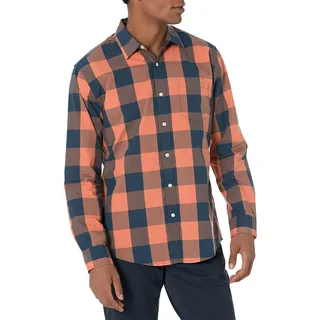 Amazon Essentials Herren Langärmeliges Business Hemd aus Popeline Normale Passform, Marineblau Orange Büffel, M