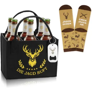 Jäger Geschenke Set,Jagdzubehör 3 Stück,Jagd Geschenke für Männer Set enthalten Männerhandtasche für Bier, Jäger Socken, Bieröffner mit Hirschkopf Muster, Ideales Jagd Geschenk für Vater, Freunde