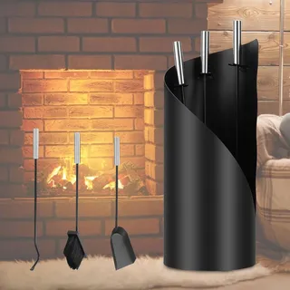 ISOISL Kaminbesteck, 4-teiliges Kaminbesteck Set, Kamingarnitur mit Besen, Schaufel, Eisenhaken, Ständer, Kaminwerkzeug mit Edelstahlgriffe, Kaminzubehör Modern Design, Ofenbesteck Schwarz